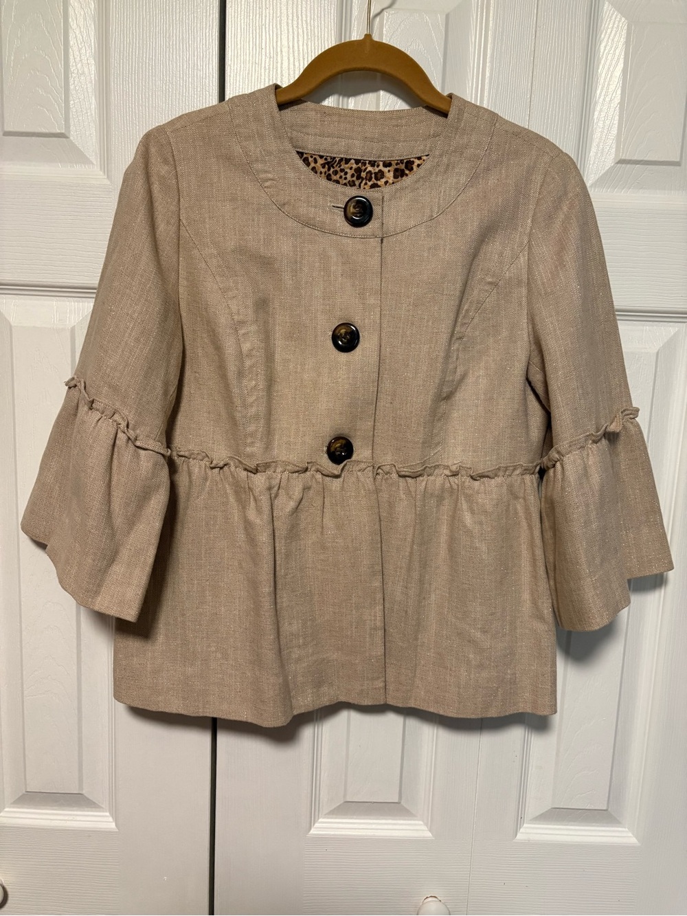 Beautiful Linen Blend Ruffle Peplum Jacket Gold Speckles / Leopard Print Lining